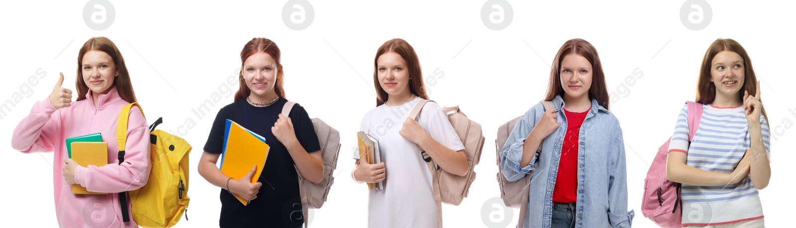 Beautiful teenage student on white background, collage Image of Beautiful teenage student on white background, collage