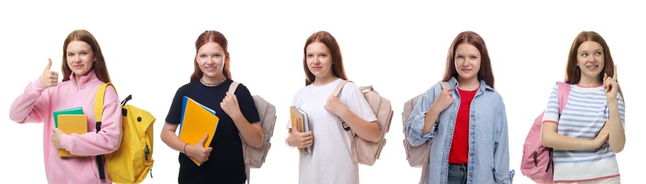 Image of Beautiful teenage student on white background, collage