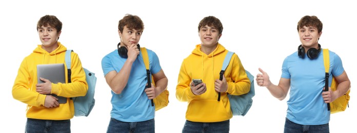 Image of Handsome teenage student on white background, collage