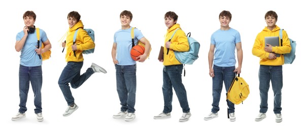 Image of Handsome teenage student on white background, collage