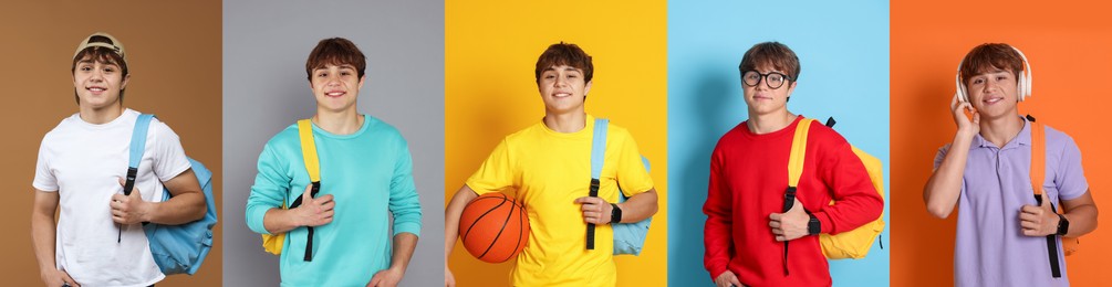 Image of Teenage student on color backgrounds, collage of photos