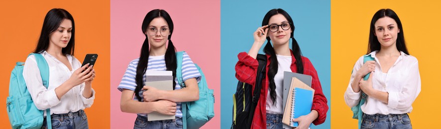 Image of Young student on color backgrounds, collage of photos