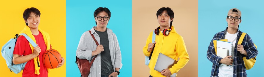 Image of Young student on color backgrounds, collage of photos