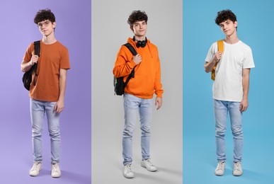 Image of Young student on color backgrounds, collage of photos