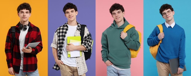 Image of Young student on color backgrounds, collage of photos