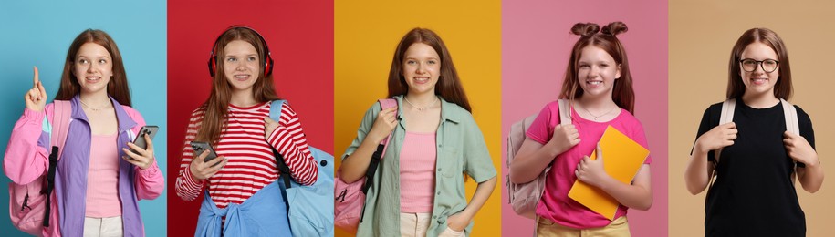 Image of Teenage student on color backgrounds, collage of photos
