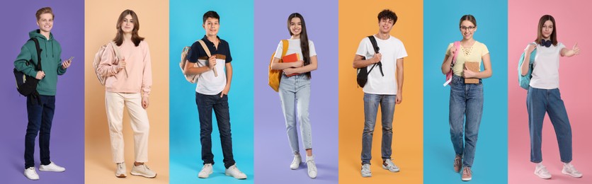 Image of Students on color backgrounds, collage of photos