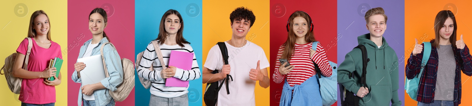 Students on color backgrounds, collage of photos Image of Students on color backgrounds, collage of photos