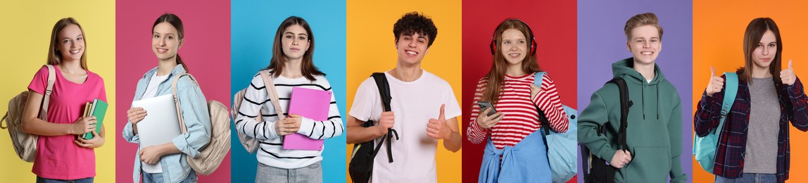 Image of Students on color backgrounds, collage of photos