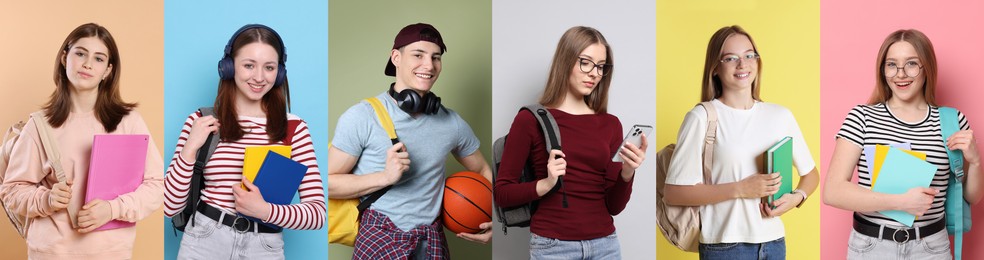 Image of Students on color backgrounds, collage of photos