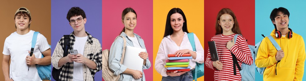 Image of Students on color backgrounds, collage of photos