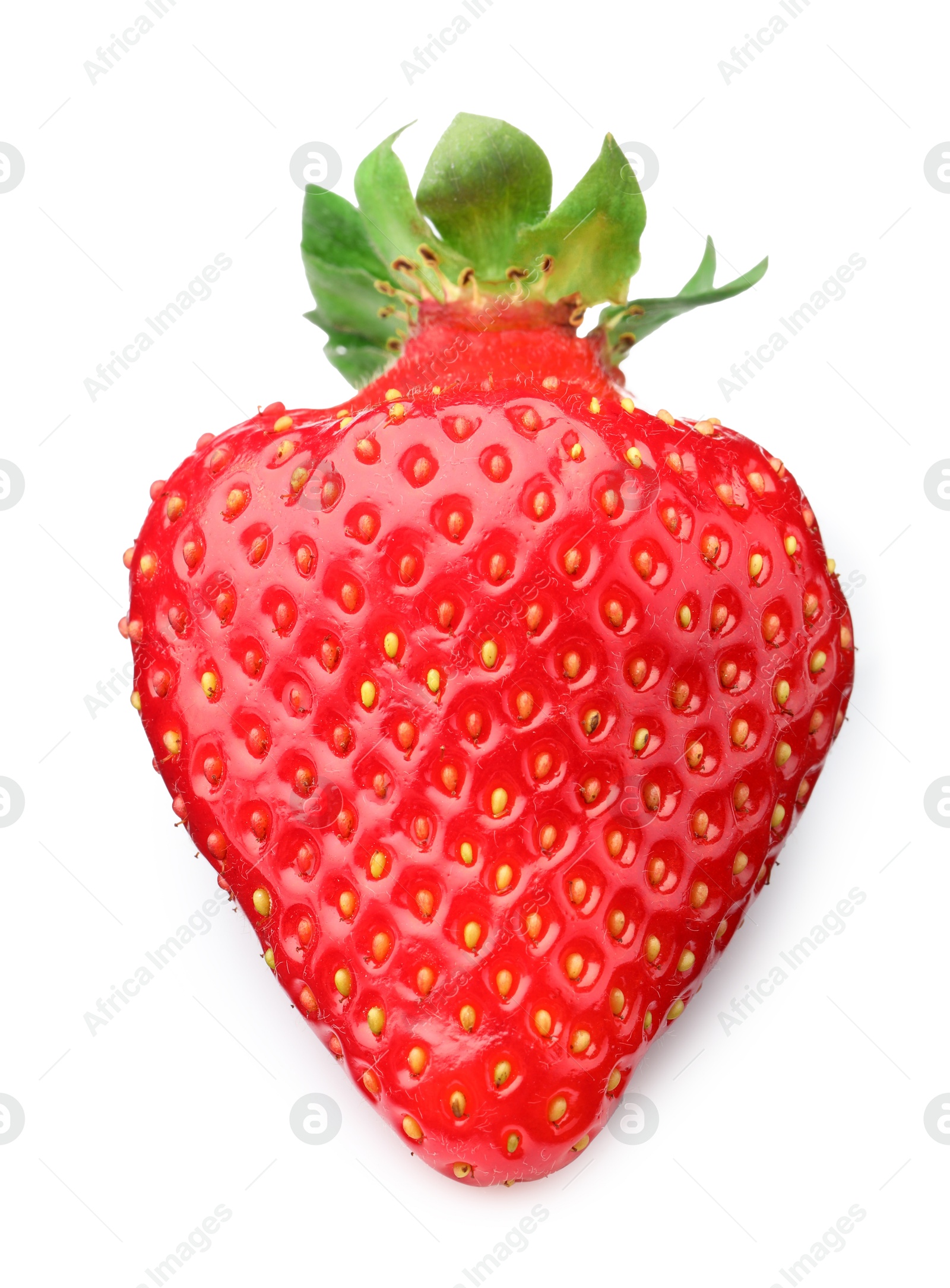 One fresh ripe strawberry isolated on white, above view Photo of One fresh ripe strawberry isolated on white, above view