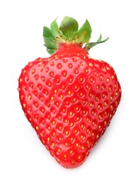Photo of One fresh ripe strawberry isolated on white, above view