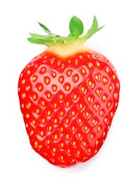 Photo of One fresh ripe strawberry isolated on white, top view