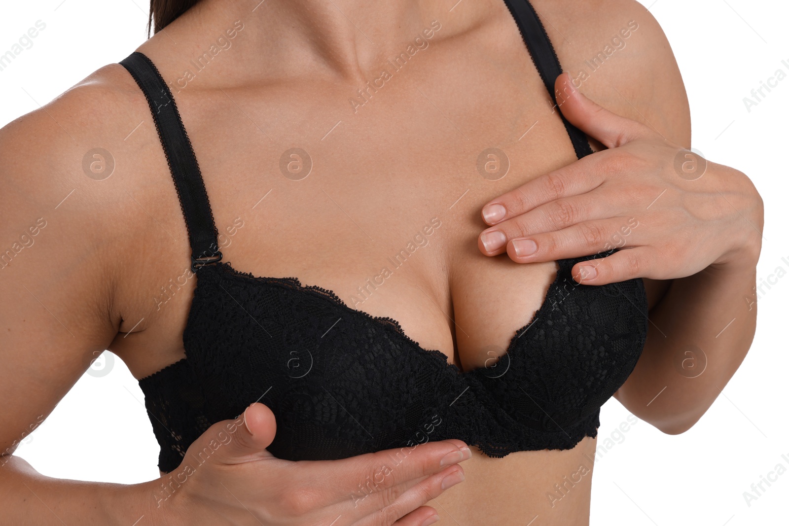 Woman wearing beautiful black bra on white background, closeup Photo of Woman wearing beautiful black bra on white background, closeup
