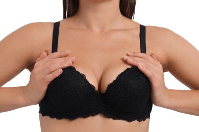 Photo of Woman wearing beautiful black bra on white background, closeup