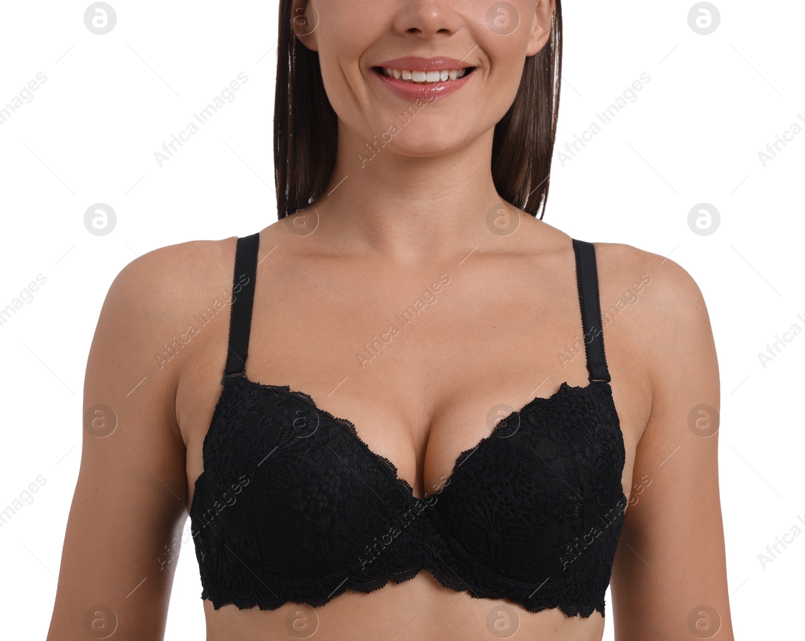 Woman wearing beautiful black bra on white background, closeup Photo of Woman wearing beautiful black bra on white background, closeup