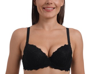 Photo of Woman wearing beautiful black bra on white background, closeup
