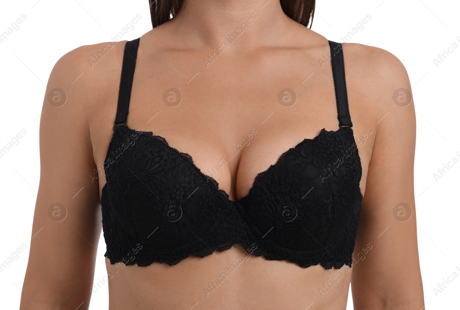 Woman wearing beautiful black bra on white background, closeup Photo of Woman wearing beautiful black bra on white background, closeup