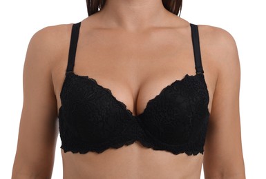 Photo of Woman wearing beautiful black bra on white background, closeup