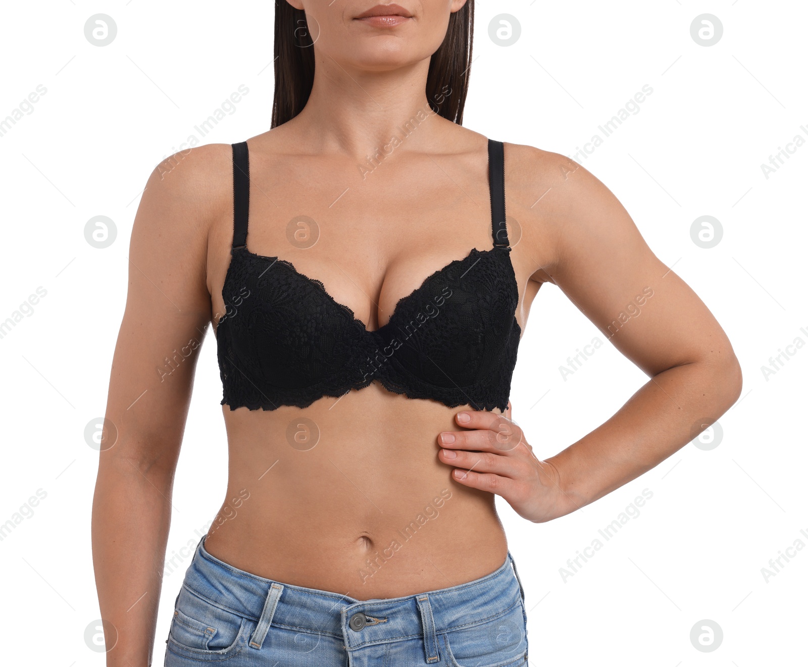 Woman wearing beautiful black bra on white background, closeup Photo of Woman wearing beautiful black bra on white background, closeup
