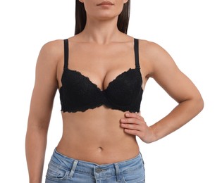 Photo of Woman wearing beautiful black bra on white background, closeup