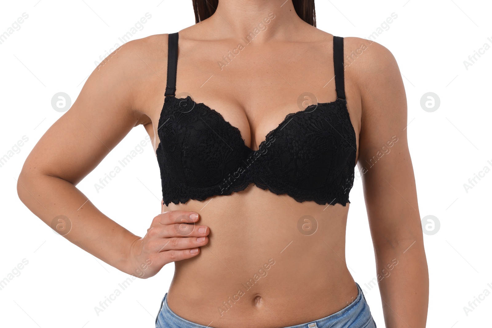 Woman wearing beautiful black bra on white background, closeup Photo of Woman wearing beautiful black bra on white background, closeup