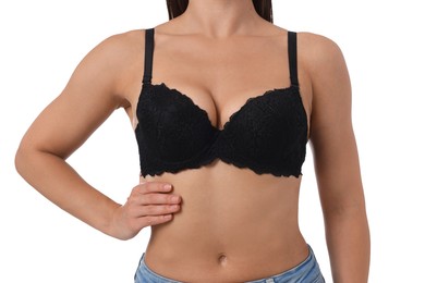Photo of Woman wearing beautiful black bra on white background, closeup