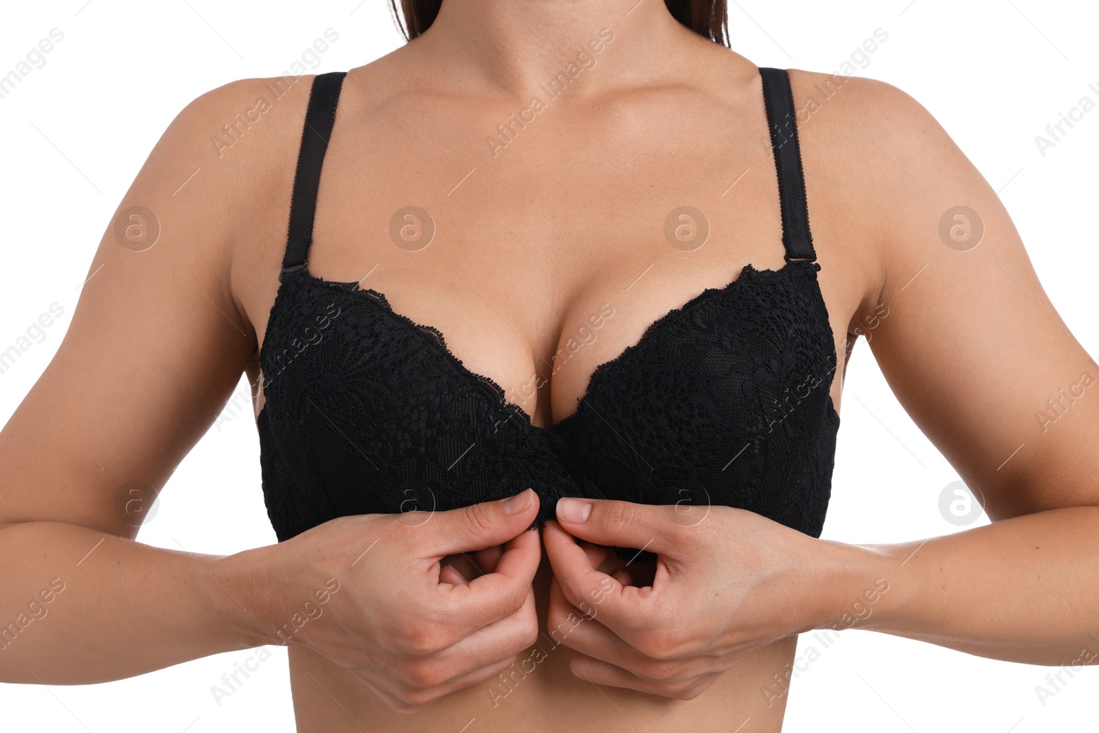 Woman wearing beautiful black bra on white background, closeup Photo of Woman wearing beautiful black bra on white background, closeup