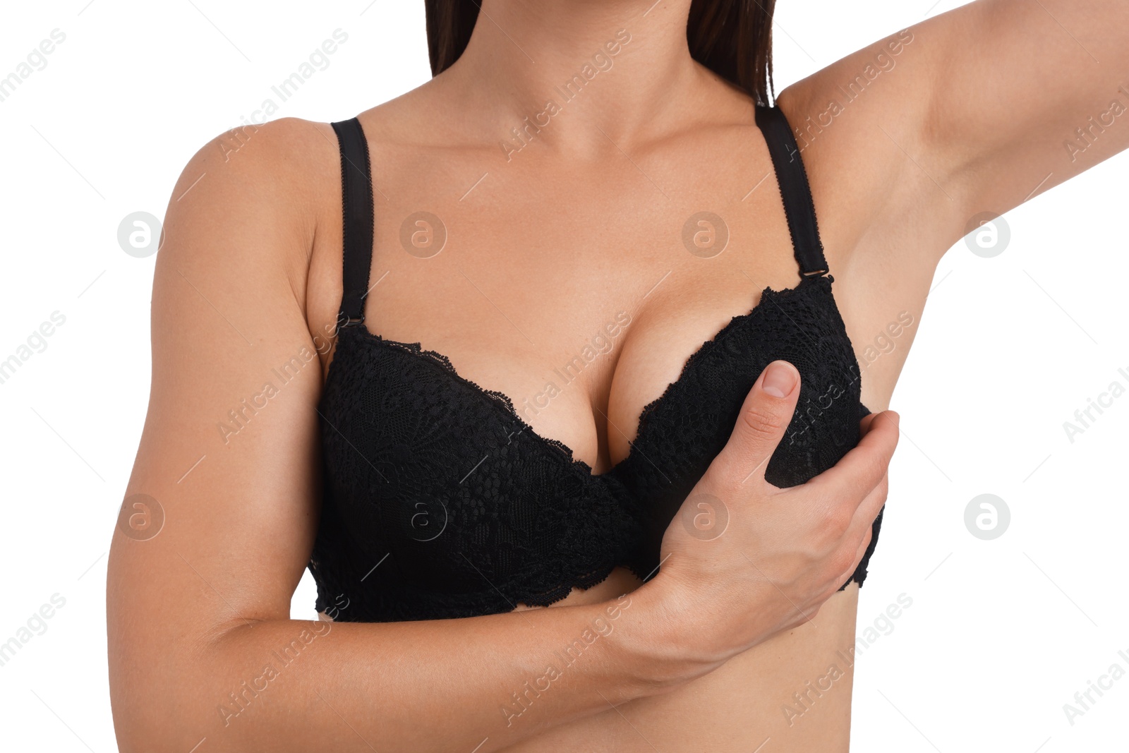 Woman wearing beautiful black bra on white background, closeup Photo of Woman wearing beautiful black bra on white background, closeup