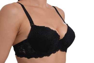 Photo of Woman wearing beautiful black bra on white background, closeup