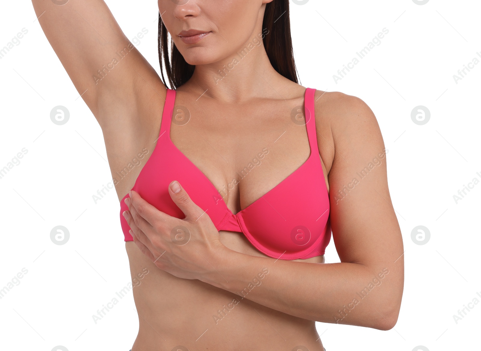 Woman wearing beautiful pink bra on white background, closeup Photo of Woman wearing beautiful pink bra on white background, closeup