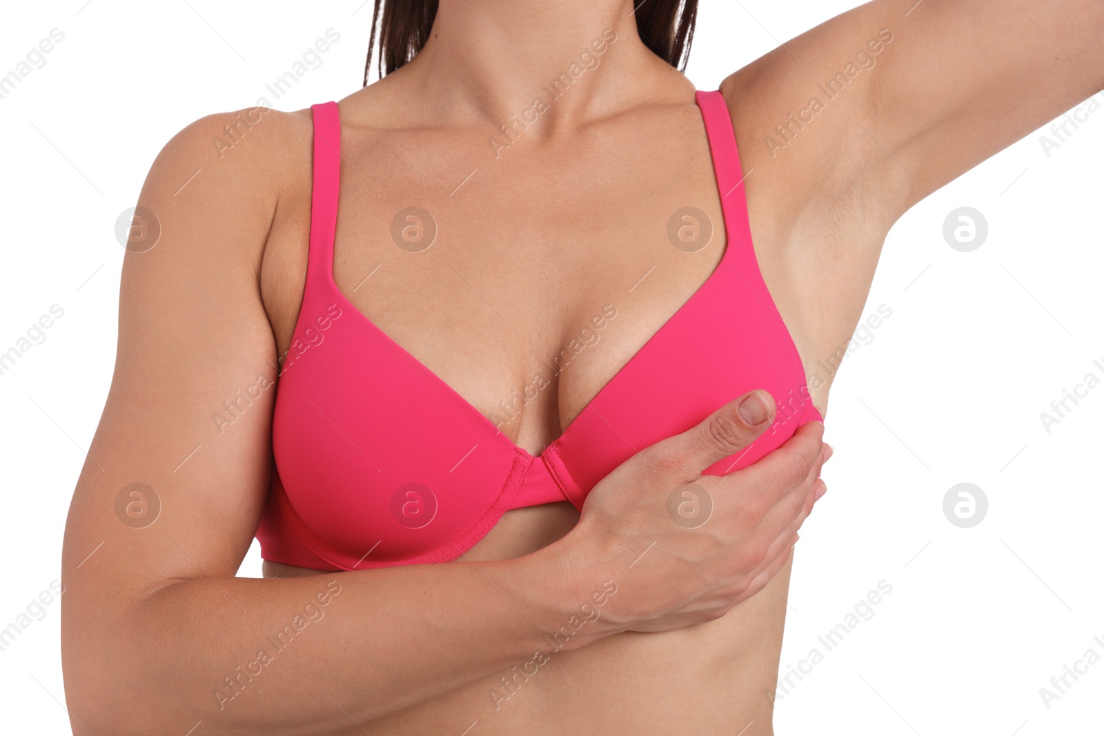 Woman wearing beautiful pink bra on white background, closeup Photo of Woman wearing beautiful pink bra on white background, closeup
