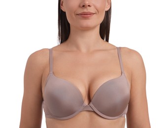 Photo of Woman wearing beautiful beige bra on white background, closeup