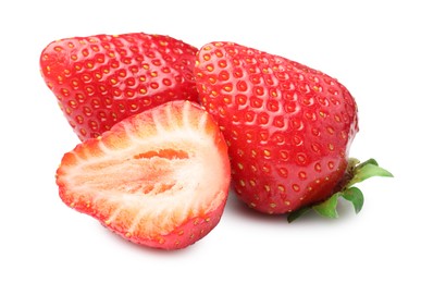Photo of Whole and cut strawberries isolated on white