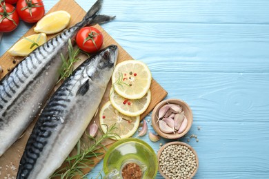 Photo of Seafood delicacies. Fresh raw mackerels and spices on light blue wooden table, flat lay. Space for text
