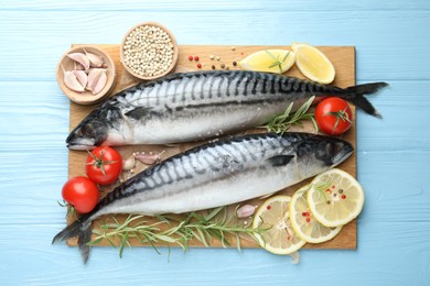 Photo of Fresh raw mackerels and spices on light blue wooden table, flat lay. Seafood delicacies