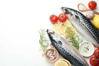 Photo of Seafood delicacies. Fresh raw mackerels and spices on white table, flat lay. Space for text