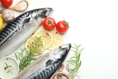 Photo of Seafood delicacies. Fresh raw mackerels and spices on white table, flat lay. Space for text