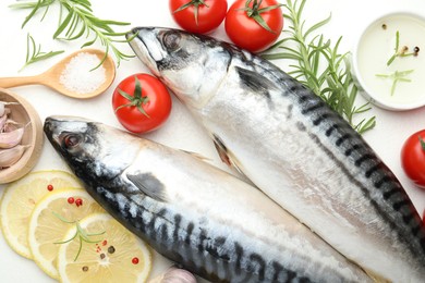 Photo of Fresh raw mackerels and spices on white table, flat lay. Seafood delicacies