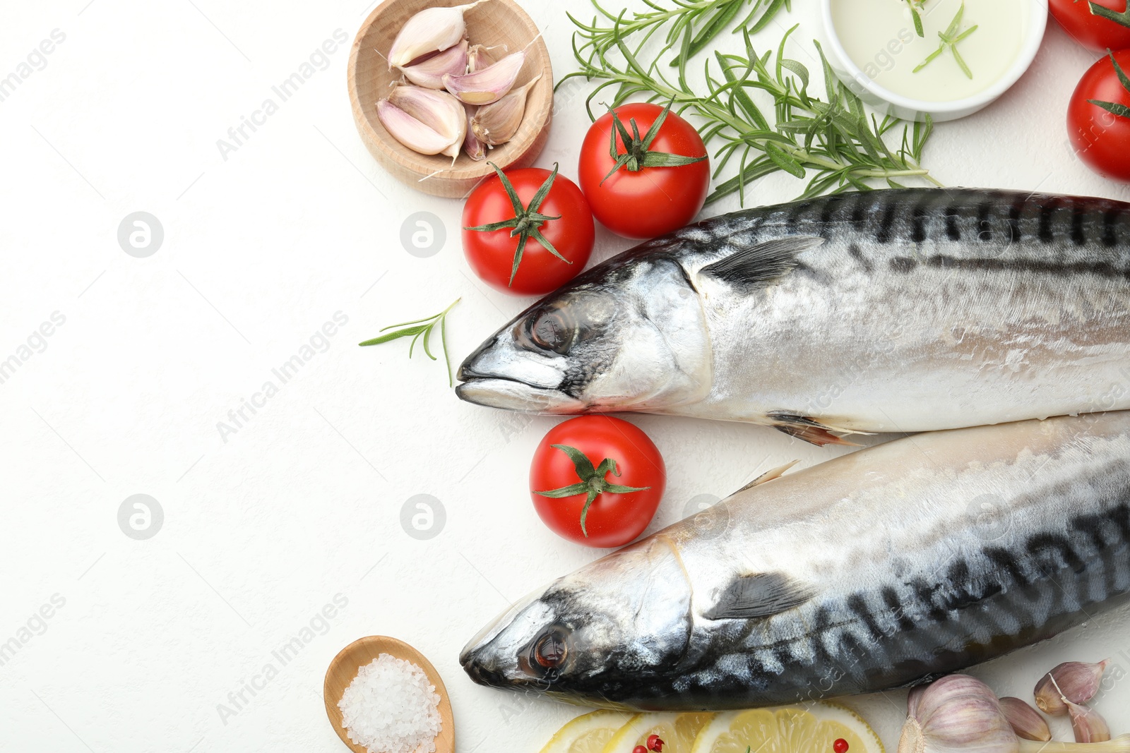 Seafood delicacies. Fresh raw mackerels and spices on white table, flat lay. Space for text Photo of Seafood delicacies. Fresh raw mackerels and spices on white table, flat lay. Space for text