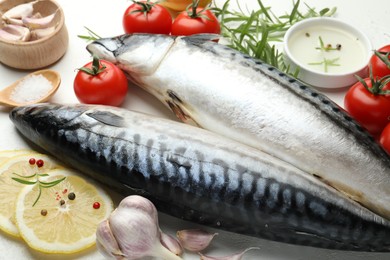 Photo of Fresh raw mackerels and spices on white table, closeup. Seafood delicacies