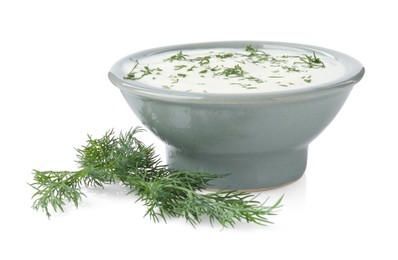 Photo of Delicious yogurt in bowl and dill isolated on white