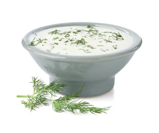 Photo of Delicious yogurt in bowl and dill isolated on white