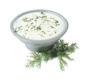 Photo of Delicious yogurt in bowl and dill isolated on white
