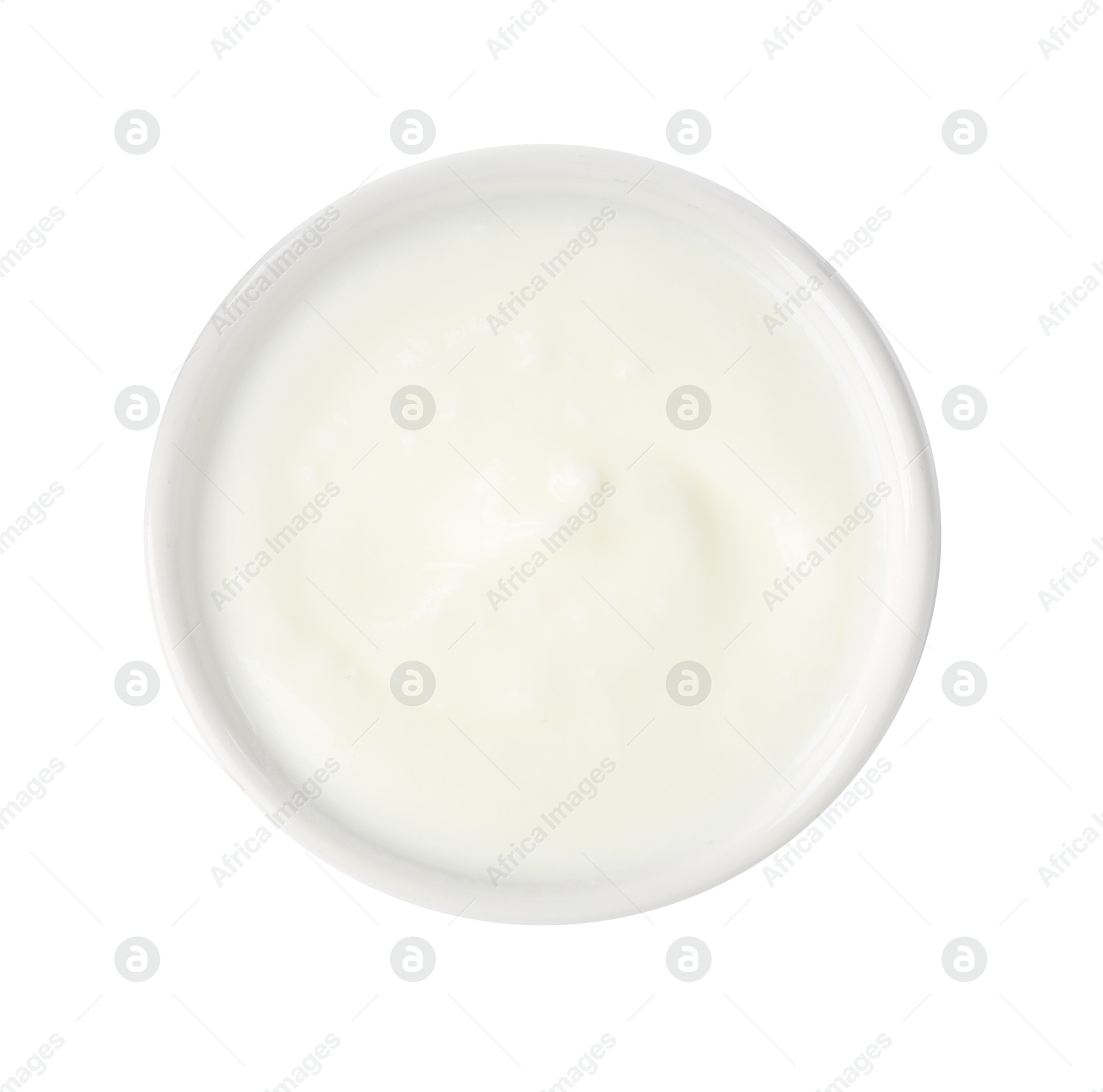 Delicious yogurt in bowl isolated on white, top view Photo of Delicious yogurt in bowl isolated on white, top view