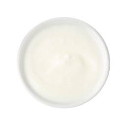 Photo of Delicious yogurt in bowl isolated on white, top view