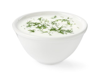 Photo of Delicious yogurt with dill in bowl isolated on white