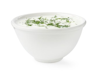 Photo of Delicious yogurt with dill in bowl isolated on white