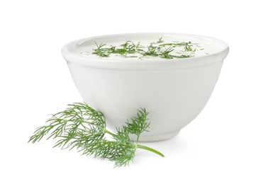 Photo of Delicious yogurt in bowl and dill isolated on white